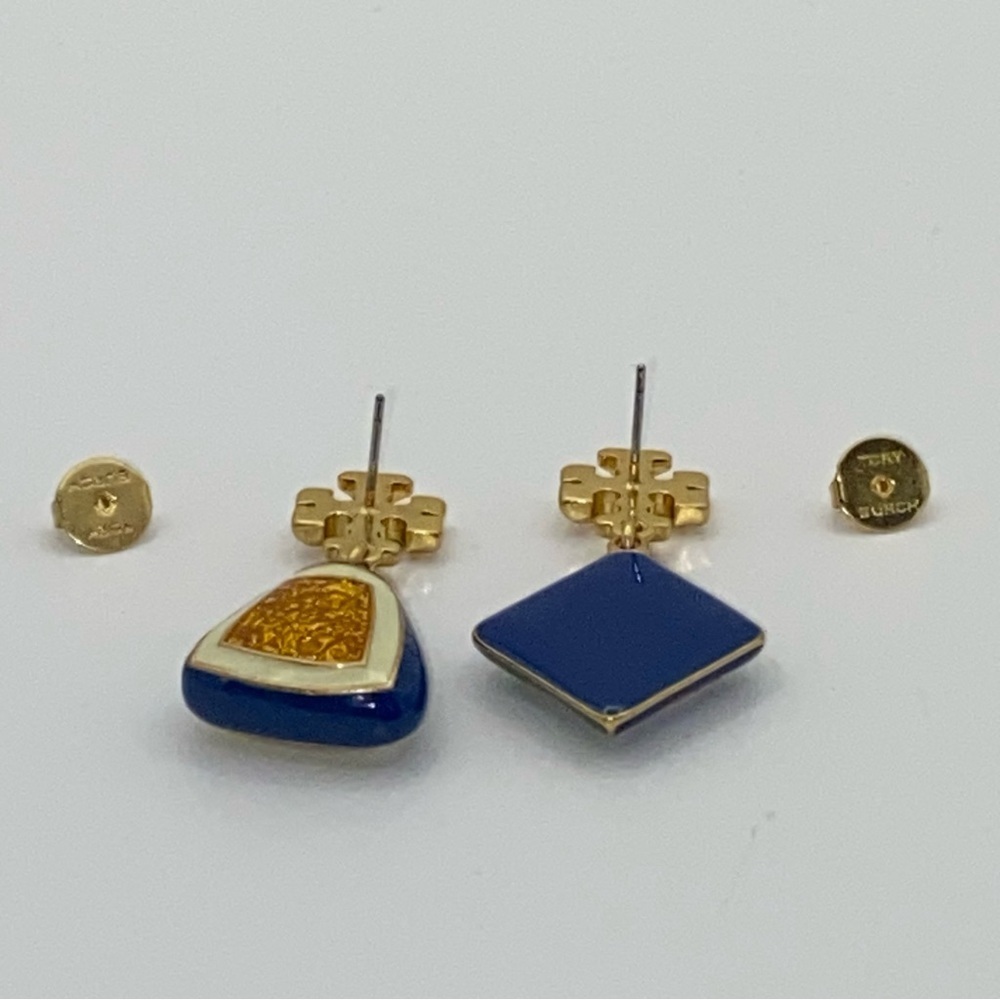 NWT Tory Burch Rosanne Mismatch Drop Earrings, blue/ green and gold tone - Picture 6 of 8
